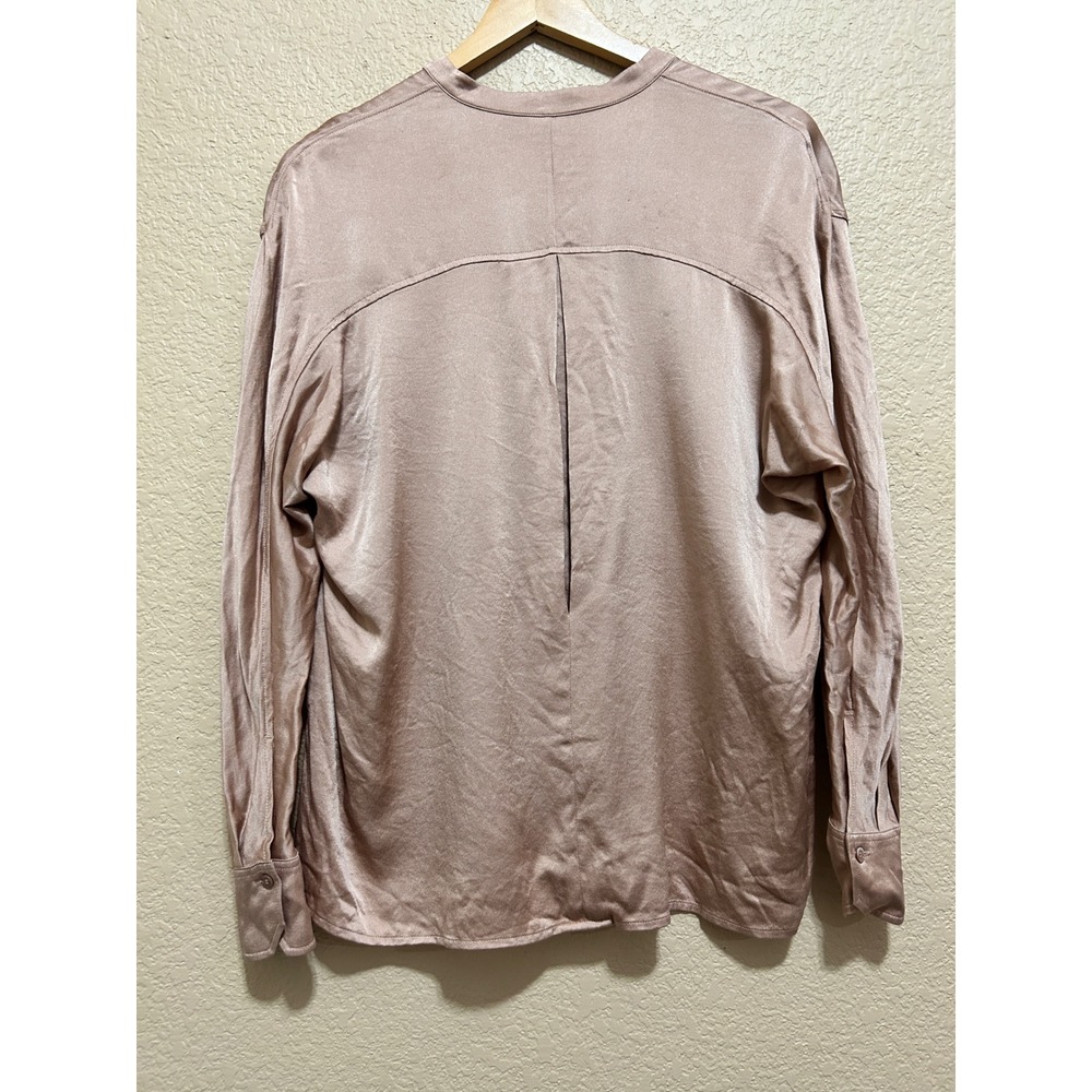Vince Small Satin Band Collar Button Down Blouse Dusty Rose High Low Hem